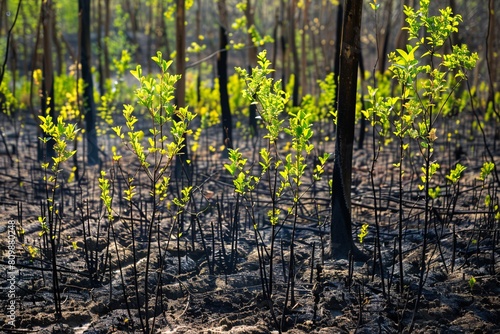 A regenerating forest after wildfire with young saplings