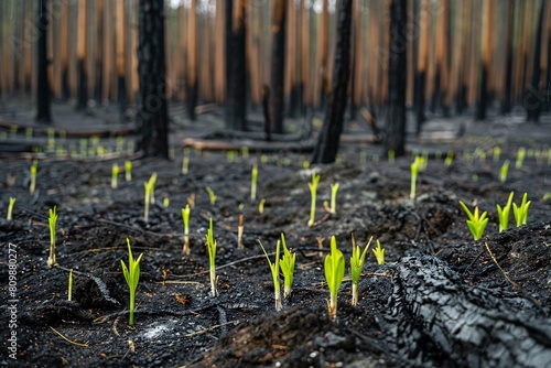 A regenerating forest after wildfire with new growth emerging from charred trees photo