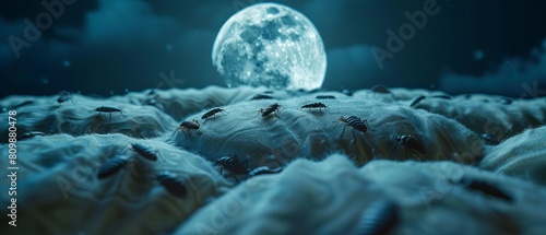 Dramatic image of bed bugs crawling across a mattress under moonlight, eerie atmosphere photo