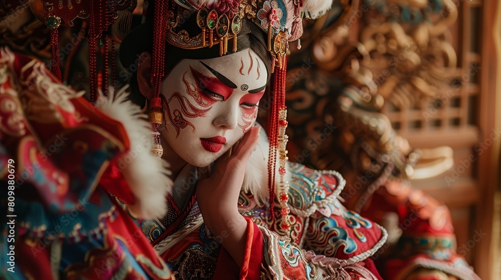 Traditional Chinese theater makeup, suitable for cultural and artistic content.