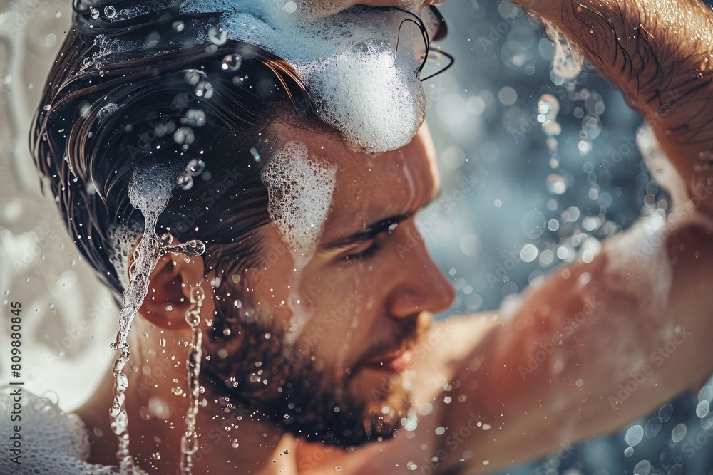 Fototapeta premium A man enjoying a revitalizing shower, shampooing his hair with vigor