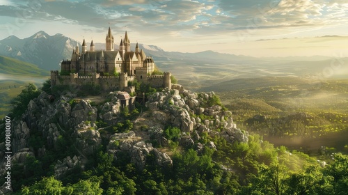 castle at the hill of a scenic landscape. majestic castle perched. fantasy landscape with ancient castle realistic