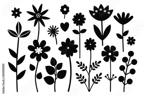 Large set of different flowers and plants in a simple linear doodle style. Vector isolated floral illustration
