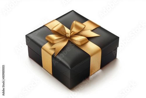 elegant black and gold gift box with satin ribbon and bow isolated on white packaging design