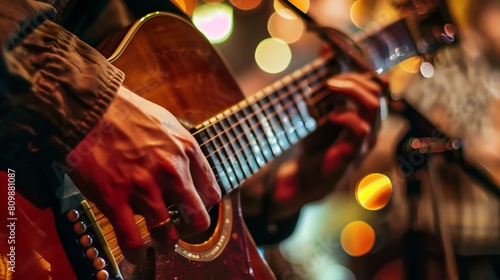 A musician playing an acoustic guitar in a dimly lit bar. The focus is on the hands and the guitar. The background is blurry and out of focus. photo