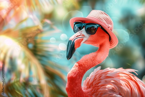 A flamingo wearing sunglasses and a hat, in a funny animal concept art with a tropical background, capturing a summer mood on a sunny day with bright light and a pink color palette