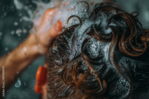 A focused image of a man scrubbing his hair with shampoo