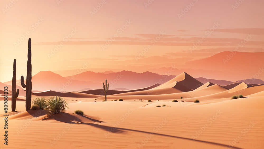  a desert landscape with cacti and mountains in the background. T