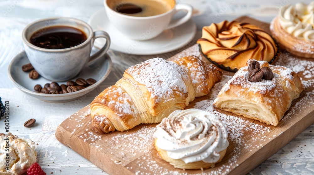 Assorted breakfast pastries with coffee, great for culinary blogs and menus. Assorted breakfast pastries with coffee, great for culinary blogs and menus.