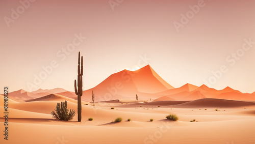  a desert landscape with cacti and mountains in the background. T