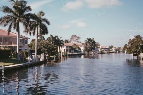 Scenic canal view with row of houses, palm trees, and blue sky in the background © VICHIZH