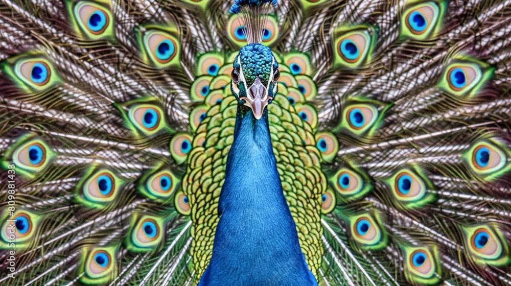 Obraz premium Majestic blue peacock displaying vibrant feathers, ideal for wildlife and beauty themes.
