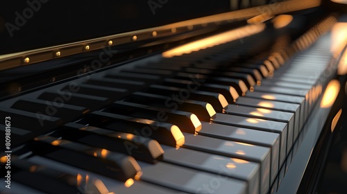 Elegant grand piano close-up with golden light accents