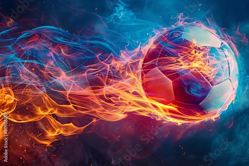 fiery soccer ball blazing in red and blue flames flying towards goal sports action