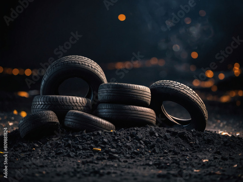 Black Tire Mound, Dark Background Highlights a Pile of Fresh Rubber photo