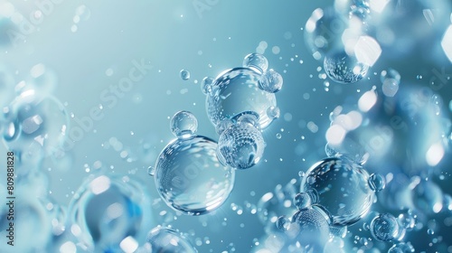 Cell molecules of water Blue bubbles molecule background Biology or chemistry background,, silver color splash Free Photo realistic