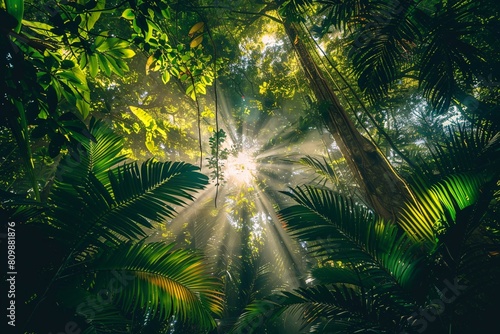 A captivating snapshot of a lush tropical rainforest canopy with sunlight streaming through the trees