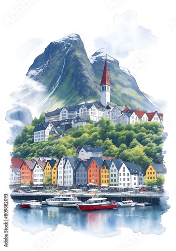 Norway Country Landscape Watercolor Illustration Art
