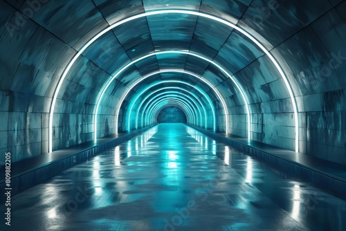 futuristic concrete underground tunnel with neon lighting and glossy floors
