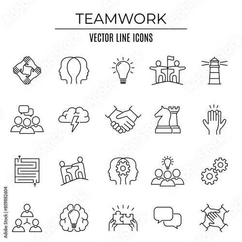 Teamwork outline icons set. Teamwork, partnership success concept. Editable stroke. Isolated vector illustration