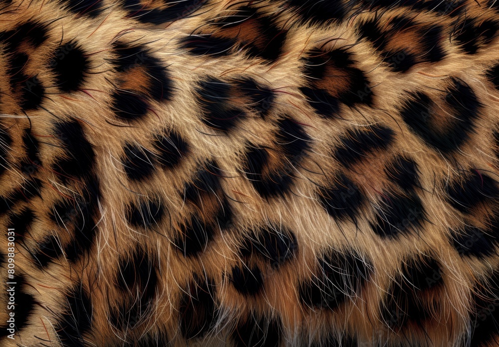 Close-up photo of a leopard's fur. The fur is a light golden brown color, with black spots and rosettes. The fur is very soft and plush.
