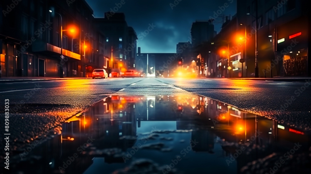 in rainy night, wet asphalt reflection of flashlights smoke surfaces abstract lights in a dark empty street