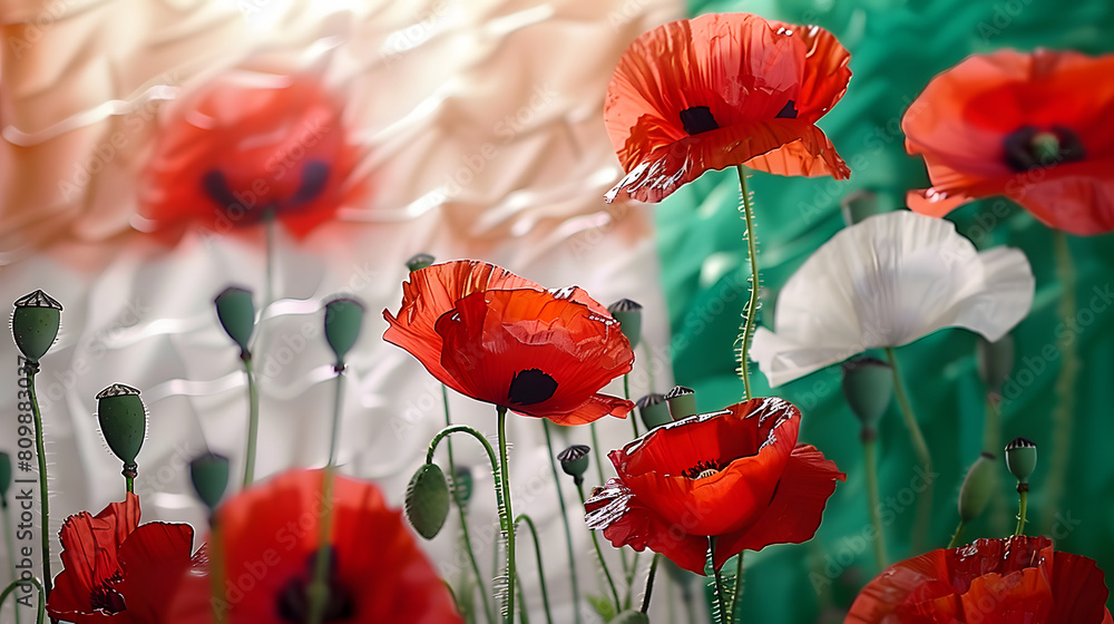 Obraz premium Red poppy flowers on background with Italy flag. Liberation day holiday. Festa della liberazione