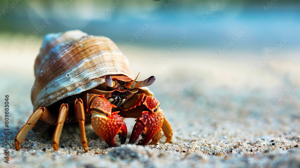 Cute hermit crab on the beach. The crab is carrying a seashell on its back. The crab is walking on the sand. The crab is looking at the camera. Cute hermit crab on the beach. The crab is carrying a seashell on its back. The crab is walking on the sand. The crab is looking at the camera.