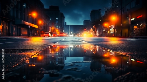 in rainy night, wet asphalt reflection of flashlights smoke surfaces abstract lights in a dark empty street