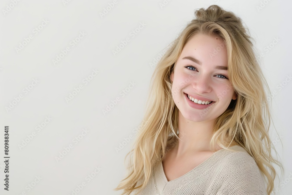 happy young smiling blonde woman looking at camera on white background positive portrait headshot photo happy young smiling blonde woman looking at camera on white background positive portrait headshot photo
