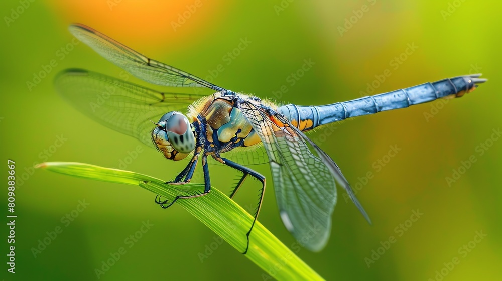 A beautiful close-up of a dragonfly perched on a green leaf. A beautiful close-up of a dragonfly perched on a green leaf.