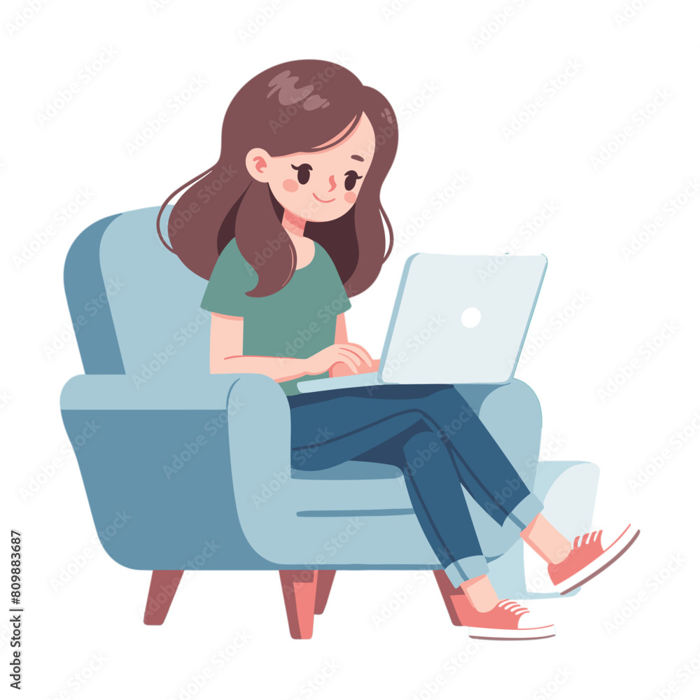 Happy woman sitting on armchair and working on laptop Happy woman sitting on armchair and working on laptop