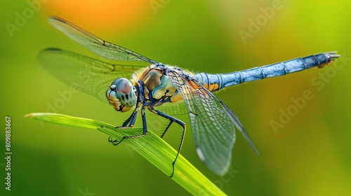 A beautiful close-up of a dragonfly perched on a green leaf. © Galib