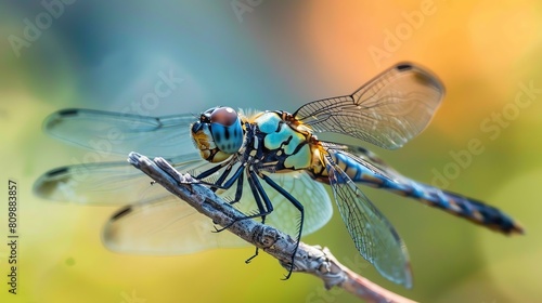 A dragonfly is perched on a branch. The dragonfly is blue and yellow with large, transparent wings. © Galib