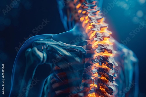 human spine xray on blue background with neck region highlighted medical examination concept