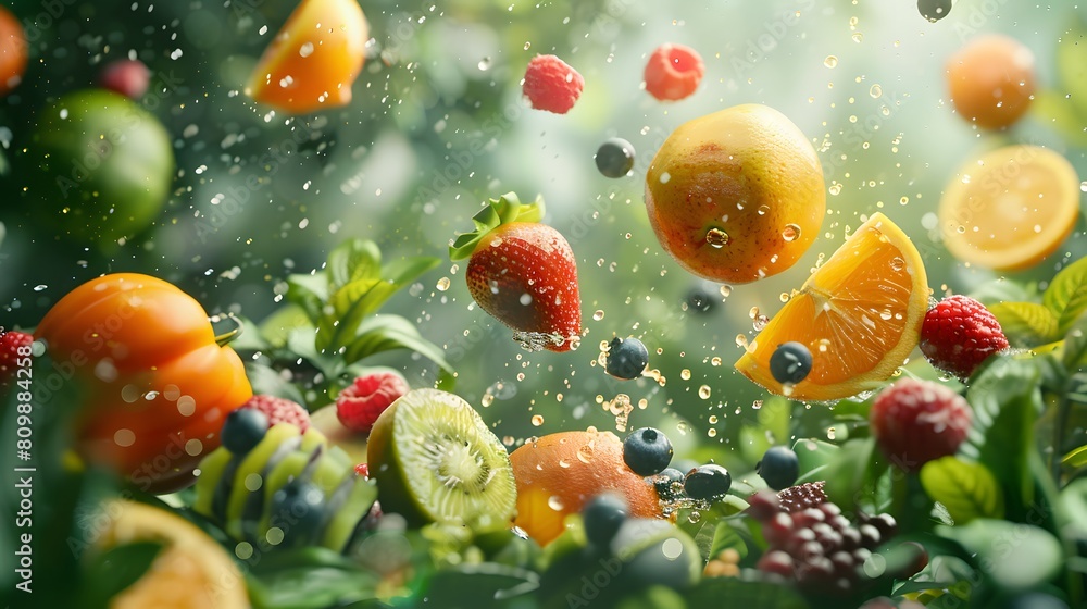 Fruit explosion on a green background, with different fruits flying in the air Fruit explosion on a green background, with different fruits flying in the air