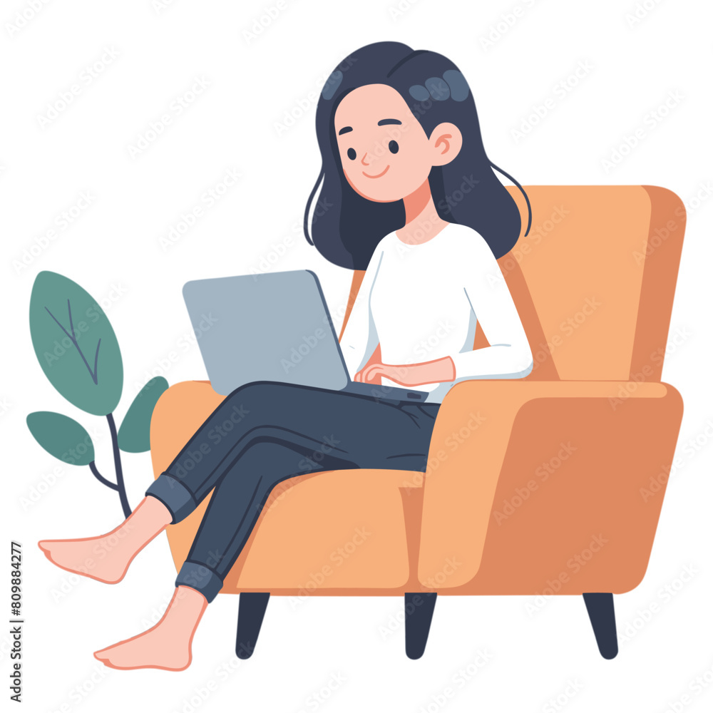 Happy woman sitting on armchair and working on laptop Happy woman sitting on armchair and working on laptop