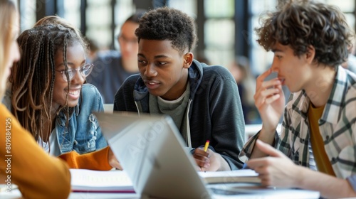 A group of young individuals, gathered around a laptop computer, engaged in a discussion or collaboration.