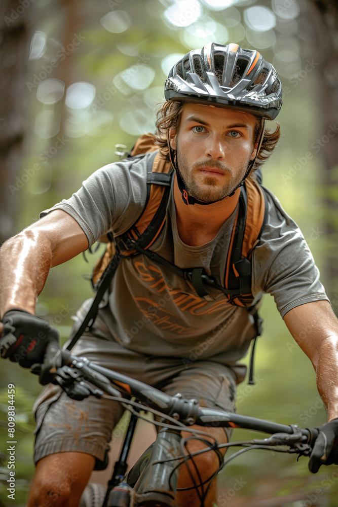 Young attractive Caucasian man drifting around a curve on a mountain biking trail. Front view vertical shot Young attractive Caucasian man drifting around a curve on a mountain biking trail. Front view vertical shot