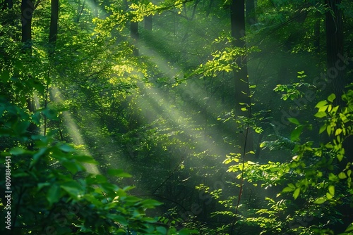 lush green forest with sunbeams filtering through trees enchanting nature landscape