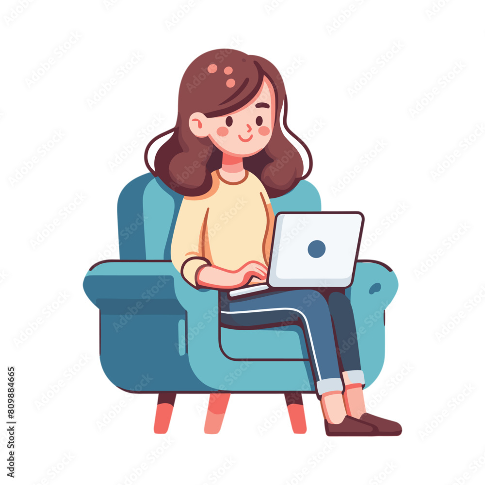 Happy woman sitting on armchair and working on laptop Happy woman sitting on armchair and working on laptop