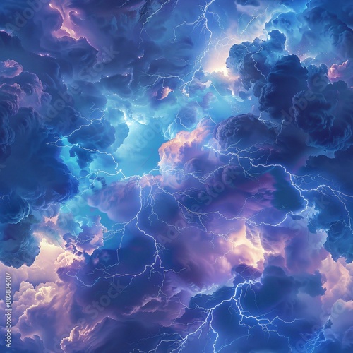 Seamless pattern image of a storm with lightning streaks and blue clouds mixed with glowing purple. energy of lightning. generative ai