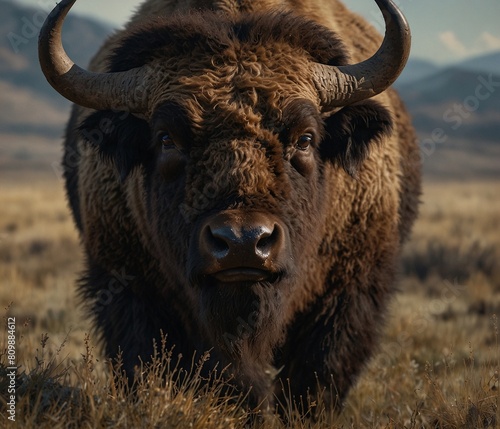 Mighty herd of bison grazing peacefully