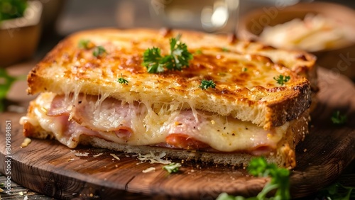 Closeup of a delicious croque monsieur sandwich on a wooden board. Concept Food Photography, Croque Monsieur, Closeup Shots, Culinary Delights, Wooden Board Display photo