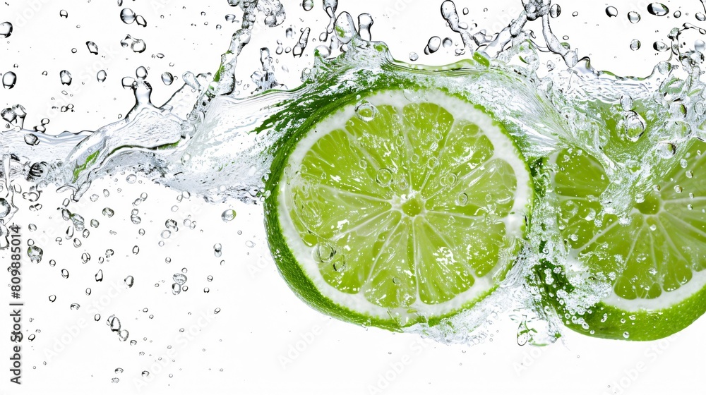 a slice of lime splashing into water, creating bubbles and droplets around it. The bright green of the lime contrasts with the clear water, highlighting its freshness. a slice of lime splashing into water, creating bubbles and droplets around it. The bright green of the lime contrasts with the clear water, highlighting its freshness.