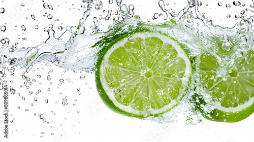 a slice of lime splashing into water, creating bubbles and droplets around it. The bright green of the lime contrasts with the clear water, highlighting its freshness.