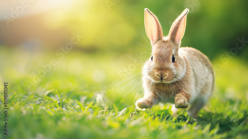 Cute rabbit hopping in a sunlit grassy field