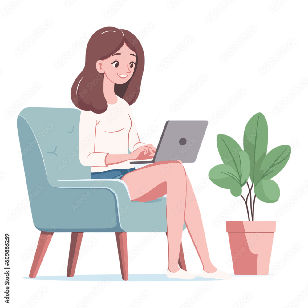 Happy woman sitting on armchair and working on laptop Happy woman sitting on armchair and working on laptop
