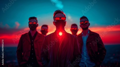 A portrait of the band led by frontman, four men wearing red sunglasses and black masks standing on top of hill at sunset © patinyats