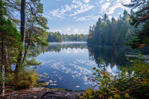 Peaceful scene of a calm lake surrounded by trees